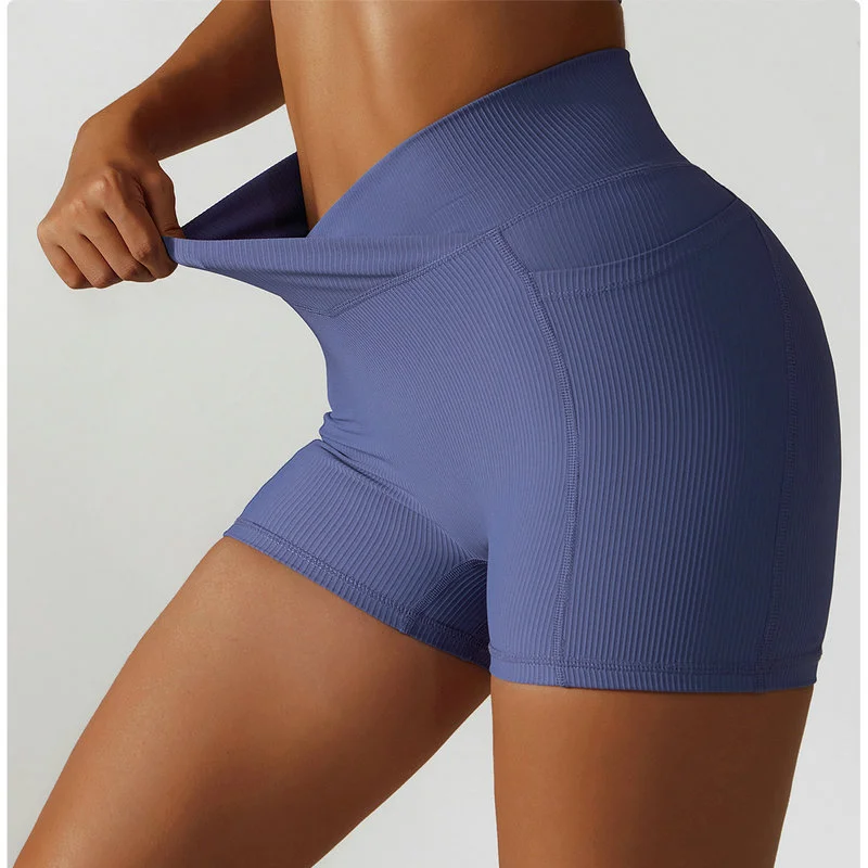 Short Leggings With Pockets Cross Waist Workout Running Short - Image 2